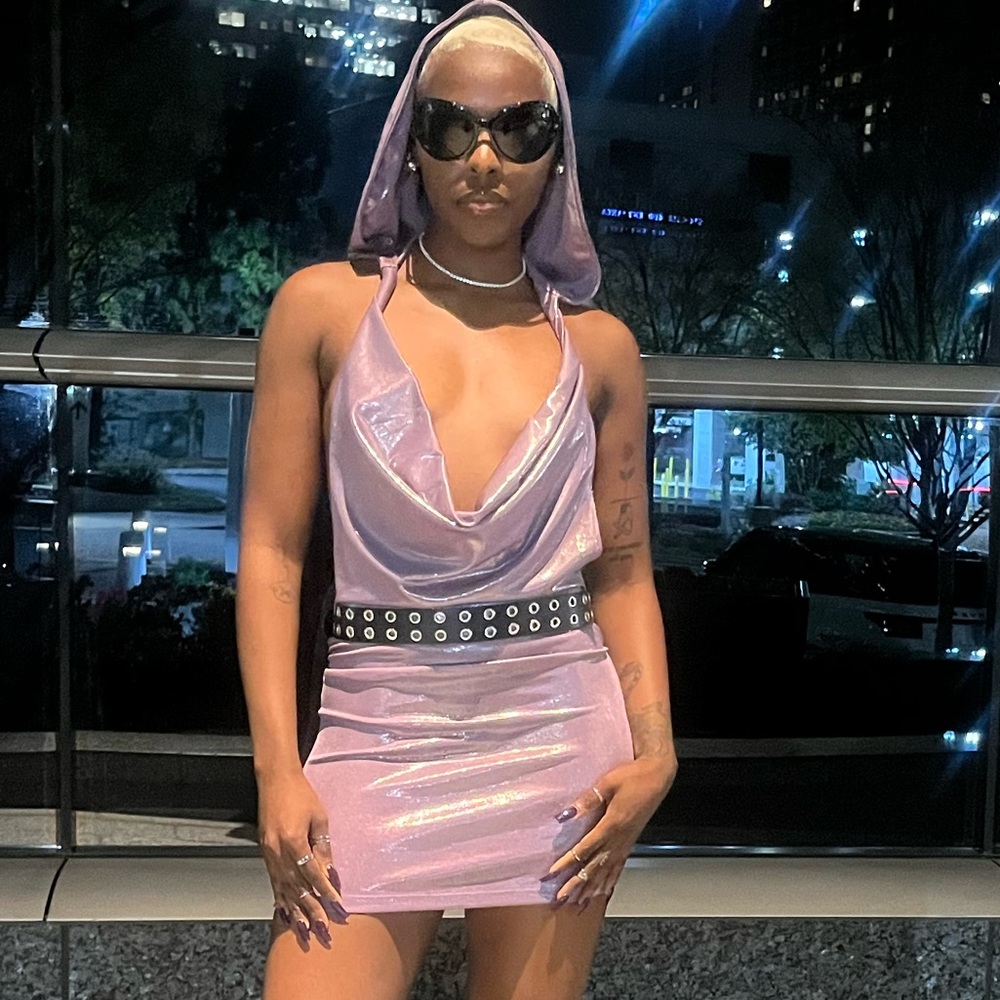 6am Metallic Backless Mini Dress in Lavender. From Jaded London via Revolve.